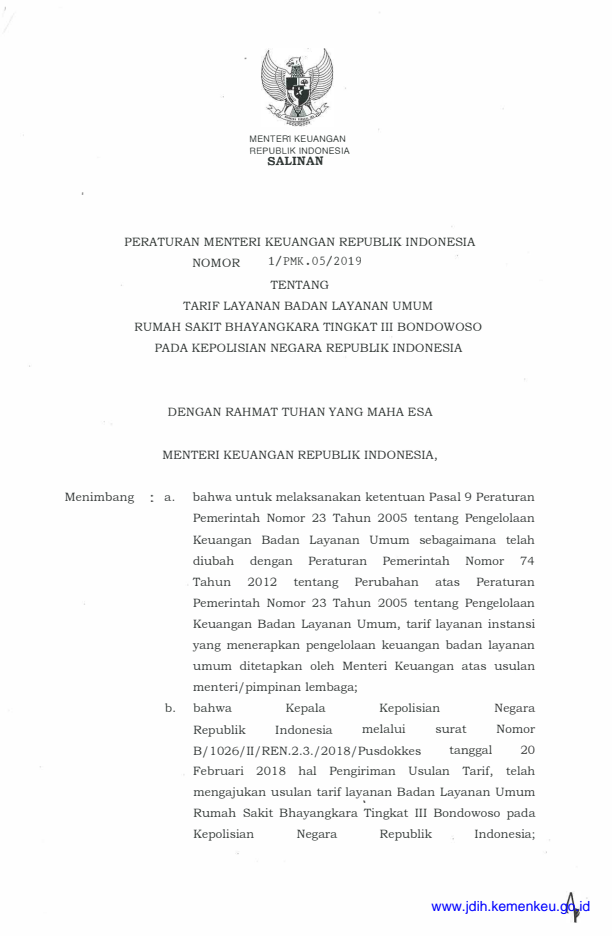 Peraturan Menteri Keuangan Nomor 1/PMK.05/2019