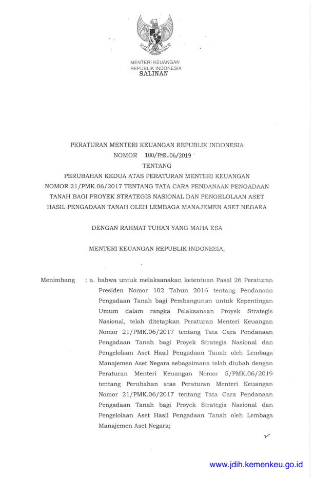 Peraturan Menteri Keuangan Nomor 100/PMK.06/2019