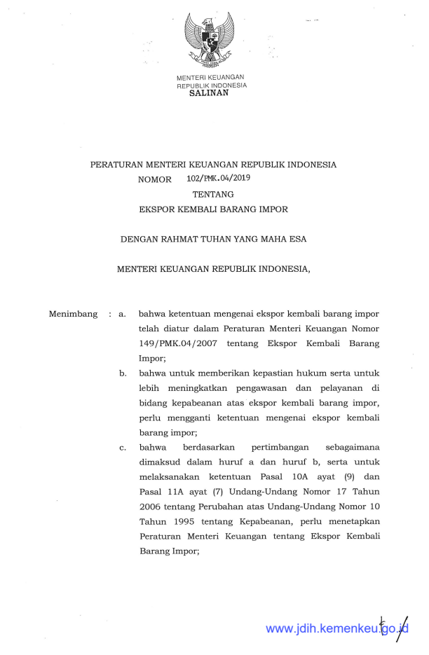 Peraturan Menteri Keuangan Nomor 102/PMK.04/2019