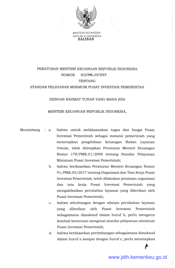 Peraturan Menteri Keuangan Nomor 103/PMK.05/2019