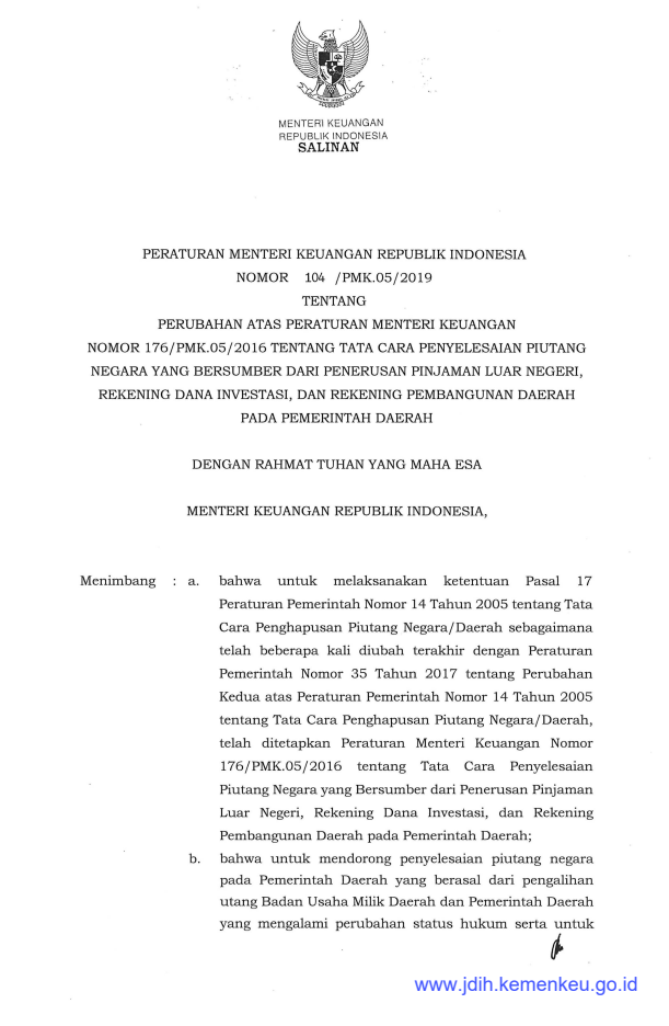 Peraturan Menteri Keuangan Nomor 104/PMK.05/2019