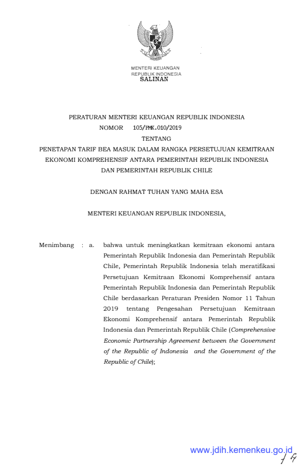 Peraturan Menteri Keuangan Nomor 105/PMK.010/2019