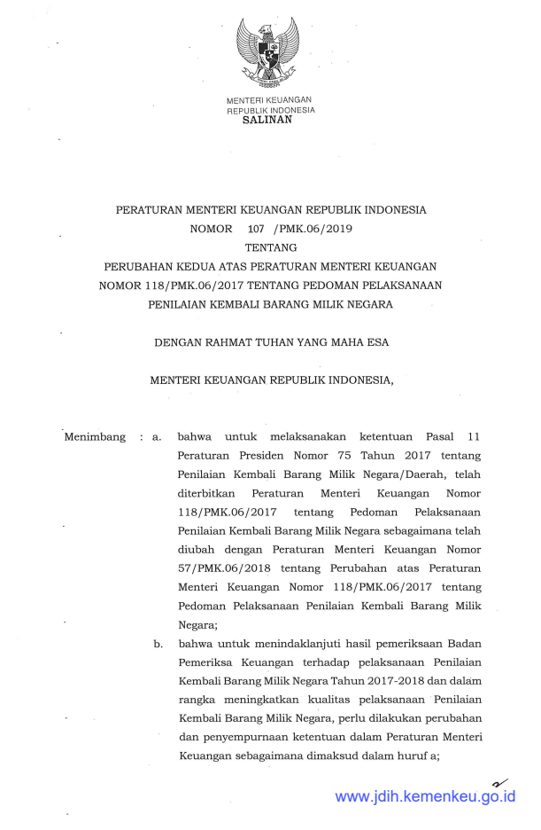 Peraturan Menteri Keuangan Nomor 107/PMK.06/2019
