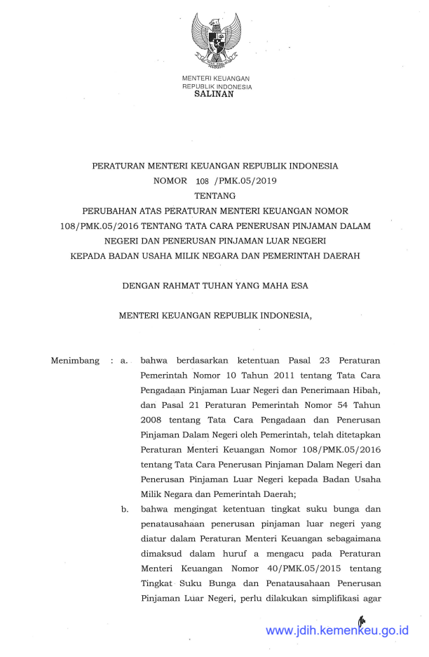 Peraturan Menteri Keuangan Nomor 108/PMK.05/2019