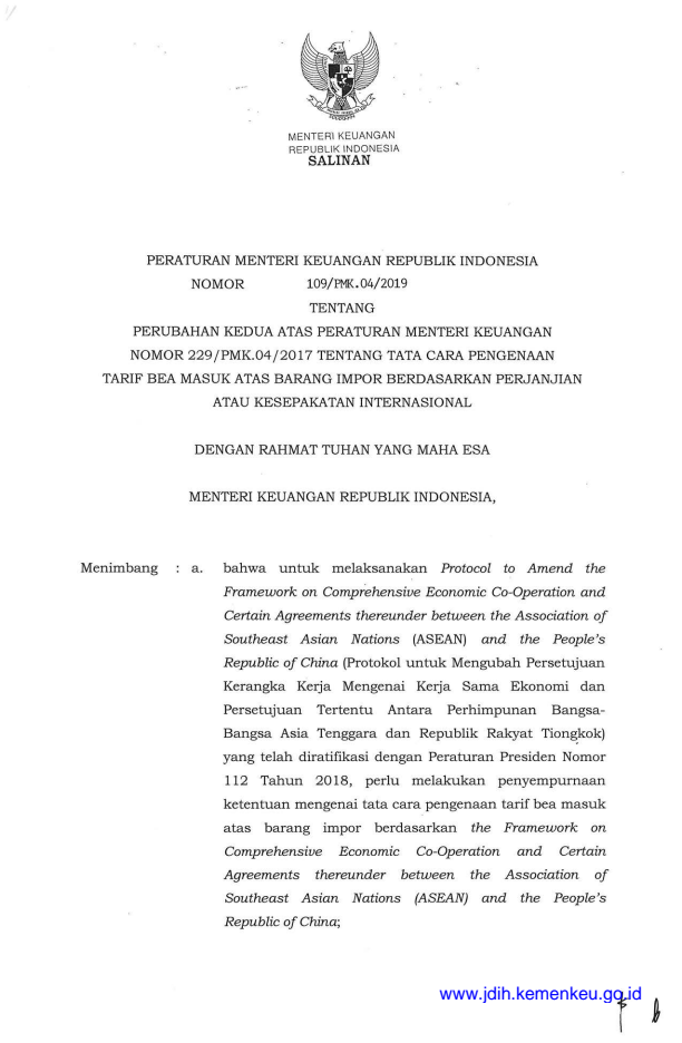 Peraturan Menteri Keuangan Nomor 109/PMK.04/2019