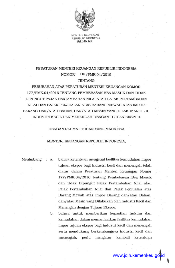 Peraturan Menteri Keuangan Nomor 110/PMK.04/2019