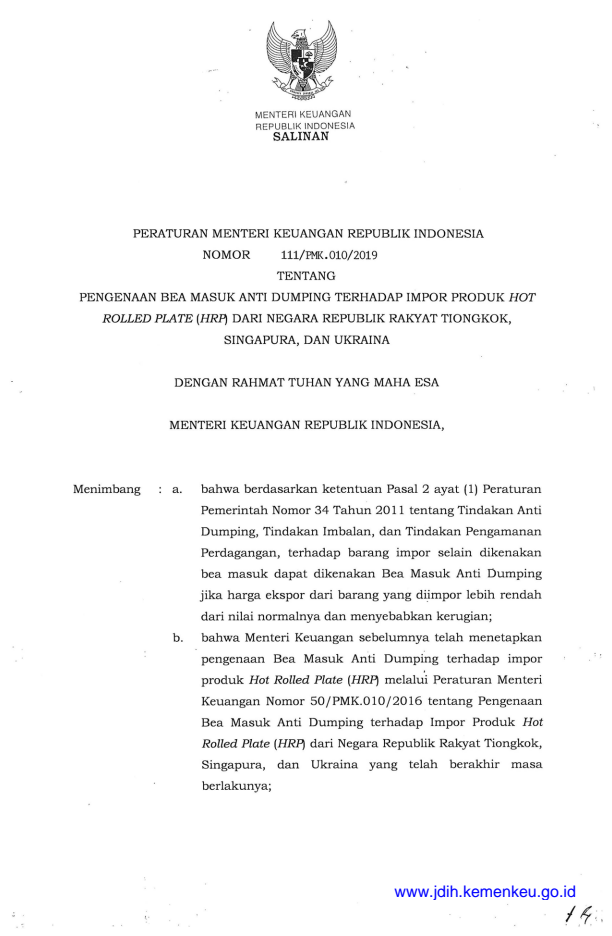 Peraturan Menteri Keuangan Nomor 111/PMK.010/2019