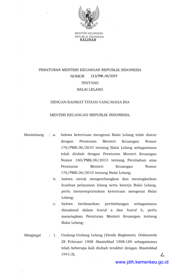 Peraturan Menteri Keuangan Nomor 113/PMK.06/2019