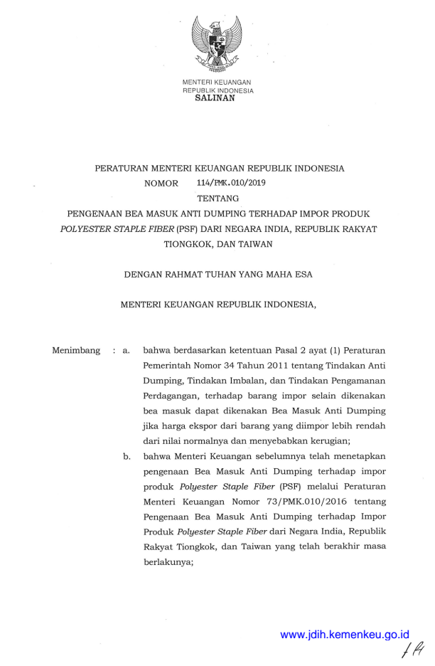 Peraturan Menteri Keuangan Nomor 114/PMK.010/2019