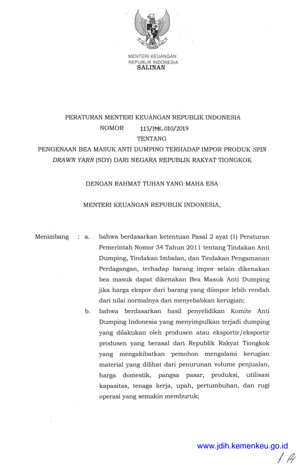 Peraturan Menteri Keuangan Nomor 115/PMK.010/2019