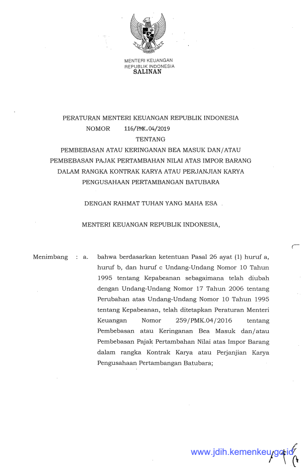 Peraturan Menteri Keuangan Nomor 116/PMK.04/2019