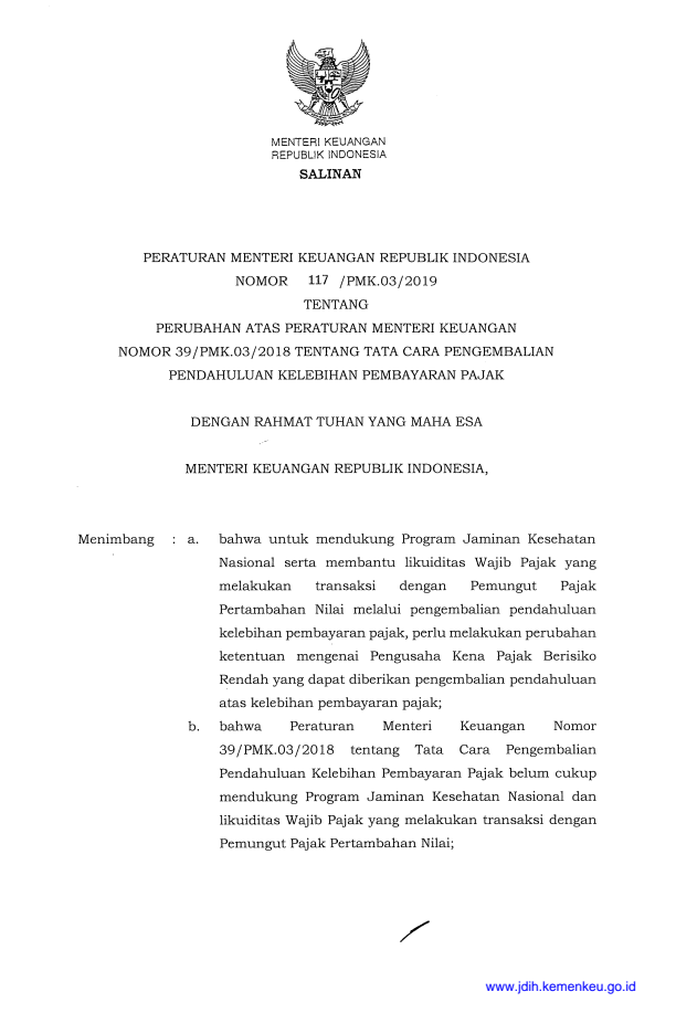 Peraturan Menteri Keuangan Nomor 117/PMK.03/2019