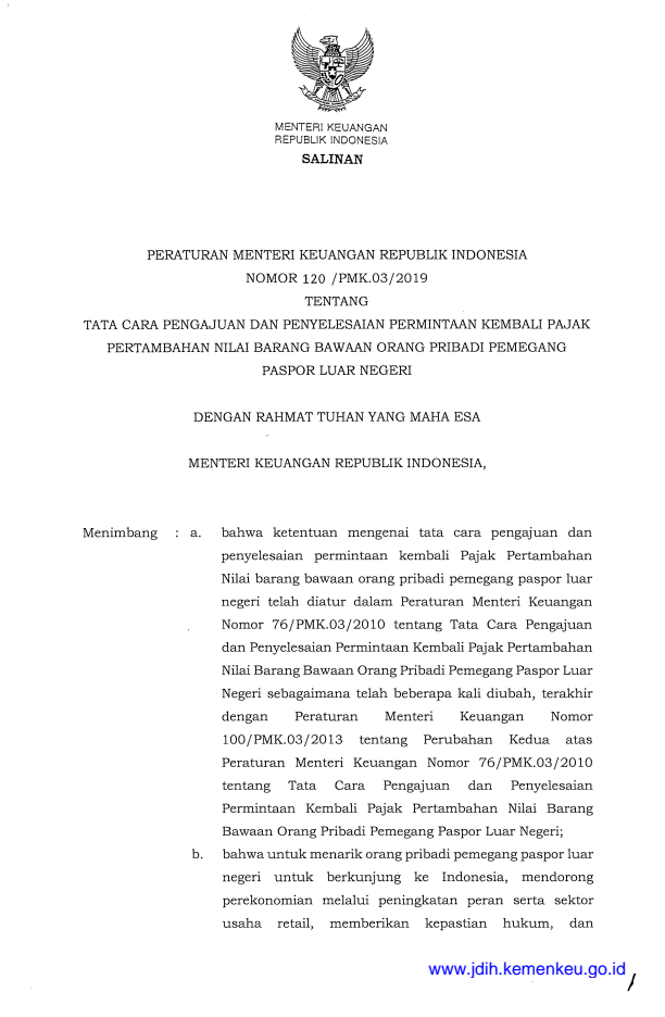 Peraturan Menteri Keuangan Nomor 120/PMK.03/2019