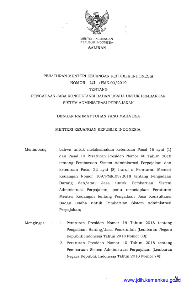 Peraturan Menteri Keuangan Nomor 121/PMK.03/2019