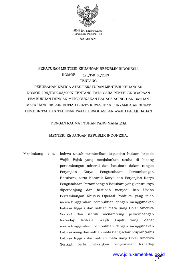 Peraturan Menteri Keuangan Nomor 123/PMK.03/2019