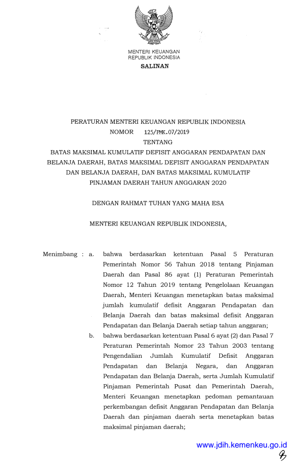 Peraturan Menteri Keuangan Nomor 125/PMK.07/2019