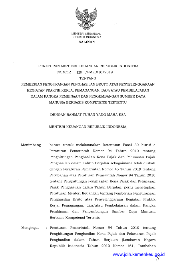 Peraturan Menteri Keuangan Nomor 128/PMK.010/2019