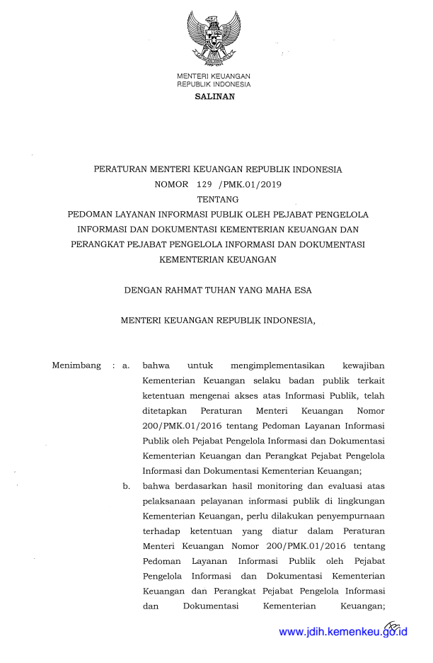 Peraturan Menteri Keuangan Nomor 129/PMK.01/2019