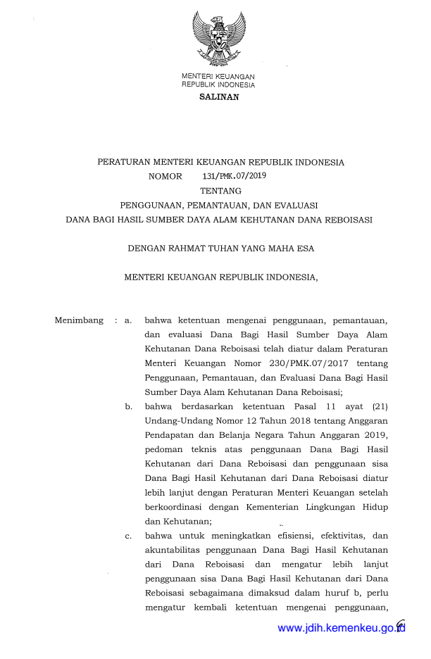 Peraturan Menteri Keuangan Nomor 131/PMK.07/2019