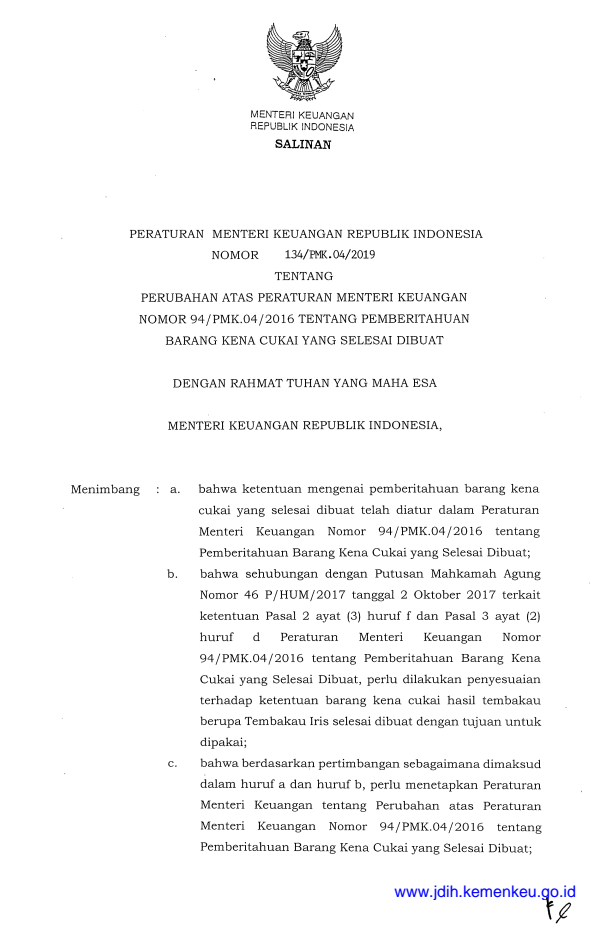 Peraturan Menteri Keuangan Nomor 134/PMK.04/2019