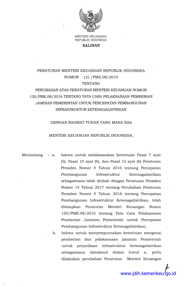 Peraturan Menteri Keuangan Nomor 135/PMK.08/2019