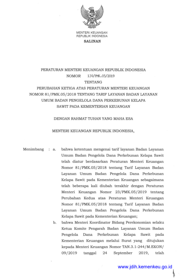 Peraturan Menteri Keuangan Nomor 136/PMK.05/2019