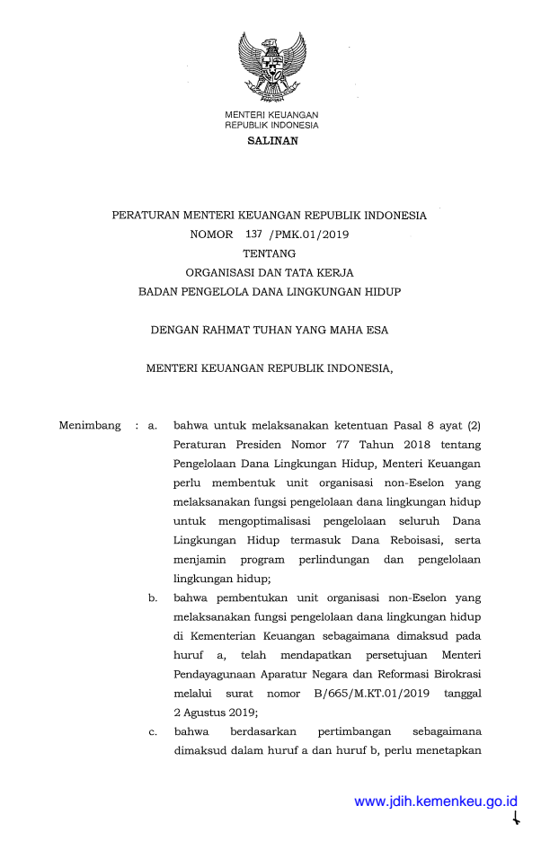 Peraturan Menteri Keuangan Nomor 137/PMK.01/2019