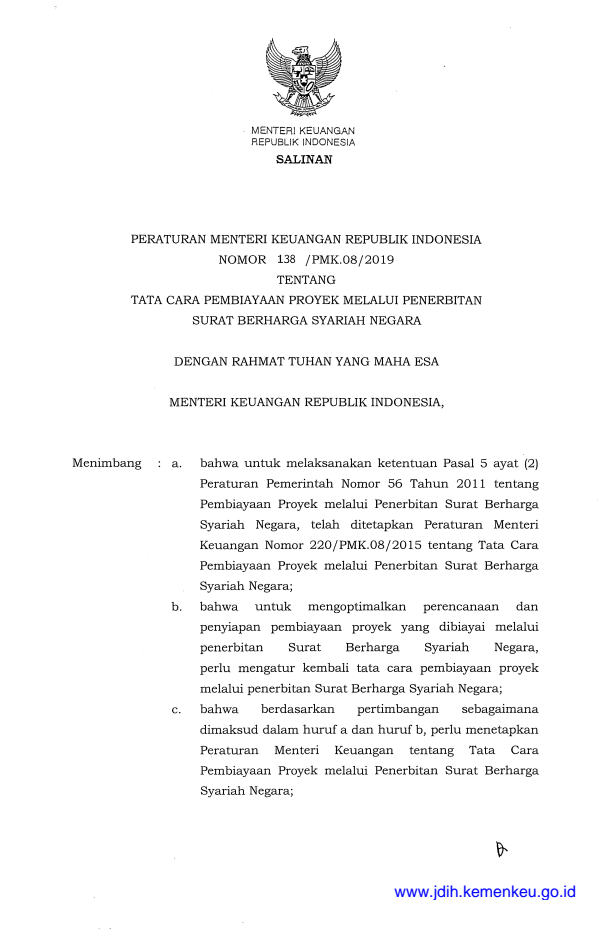 Peraturan Menteri Keuangan Nomor 138/PMK.08/2019