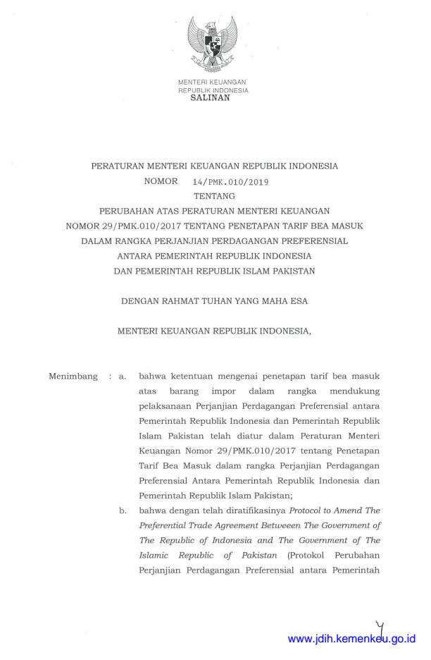 Peraturan Menteri Keuangan Nomor 14/PMK.010/2019