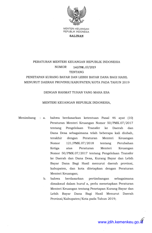 Peraturan Menteri Keuangan Nomor 140/PMK.07/2019