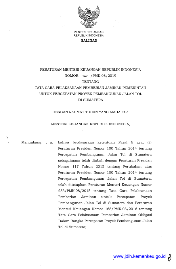 Peraturan Menteri Keuangan Nomor 142/PMK.08/2019