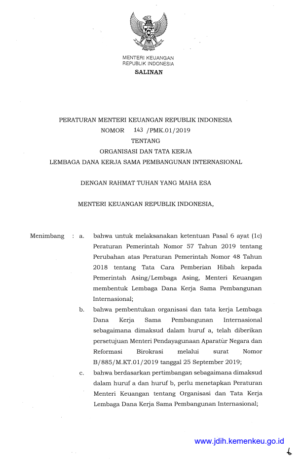 Peraturan Menteri Keuangan Nomor 143/PMK.01/2019