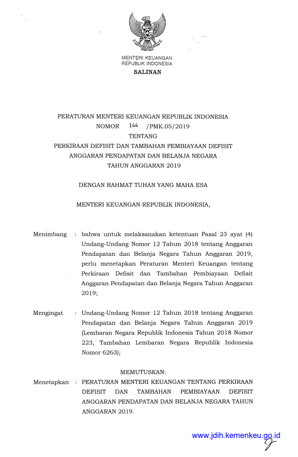 Peraturan Menteri Keuangan Nomor 144/PMK.05/2019