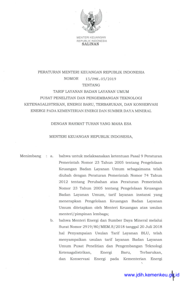 Peraturan Menteri Keuangan Nomor 15/PMK.05/2019