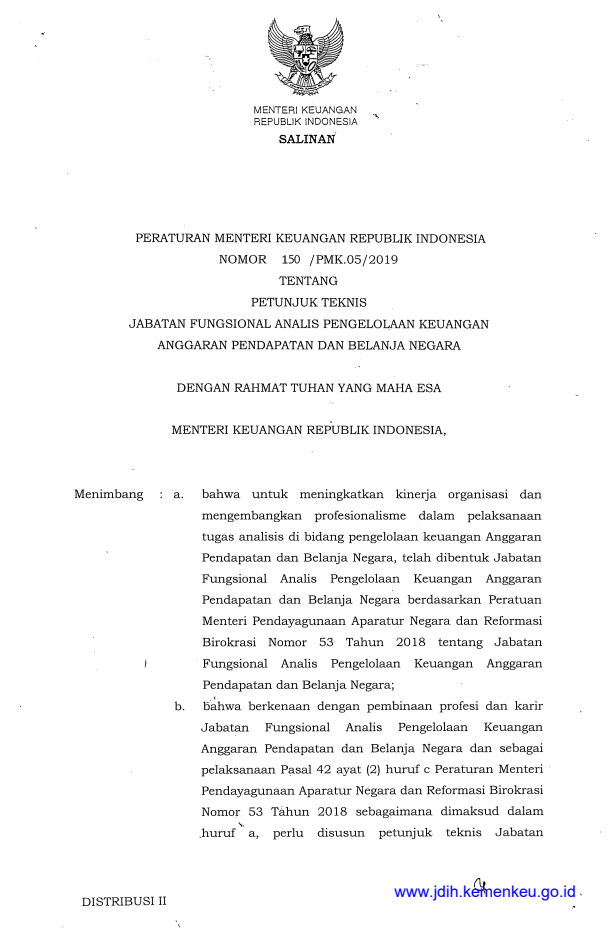 Peraturan Menteri Keuangan Nomor 150/PMK.05/2019