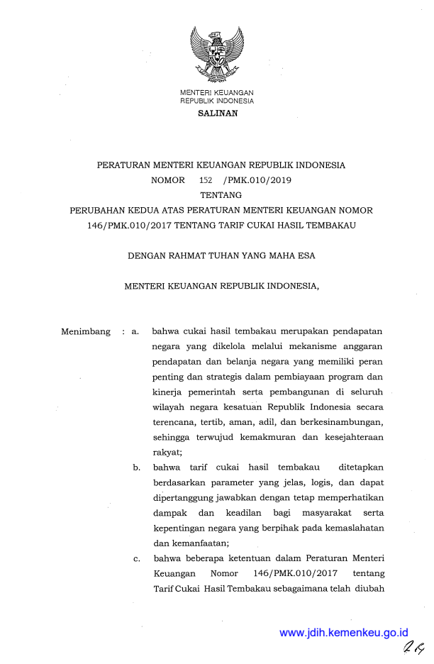 Peraturan Menteri Keuangan Nomor 152/PMK.010/2019