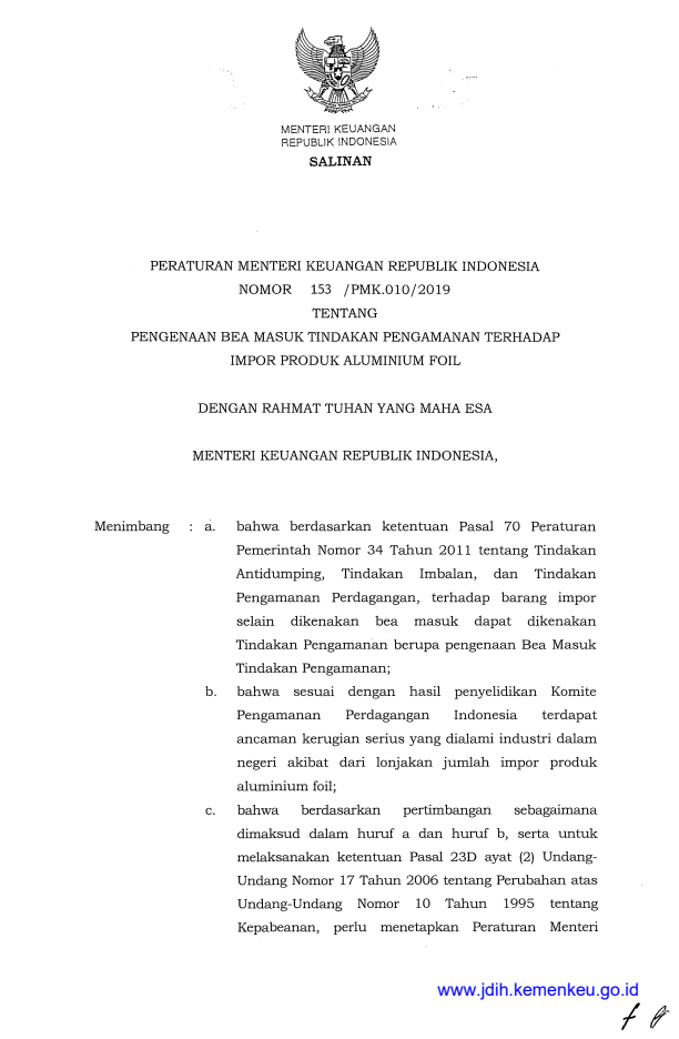 Peraturan Menteri Keuangan Nomor 153/PMK.010/2019