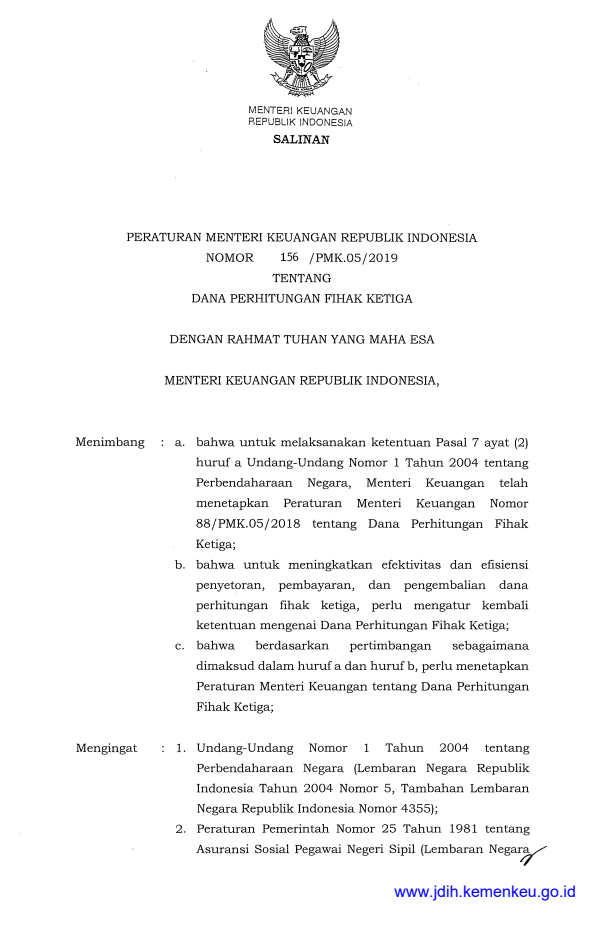 Peraturan Menteri Keuangan Nomor 156/PMK.05/2019