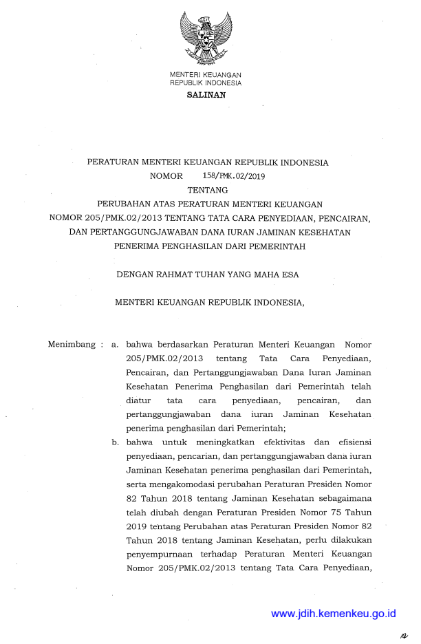 Peraturan Menteri Keuangan Nomor 158/PMK.02/2019