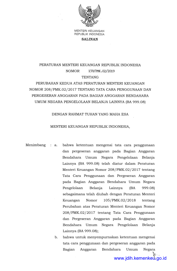 Peraturan Menteri Keuangan Nomor 159/PMK.02/2019