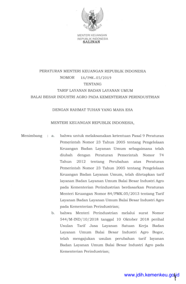 Peraturan Menteri Keuangan Nomor 16/PMK.05/2019