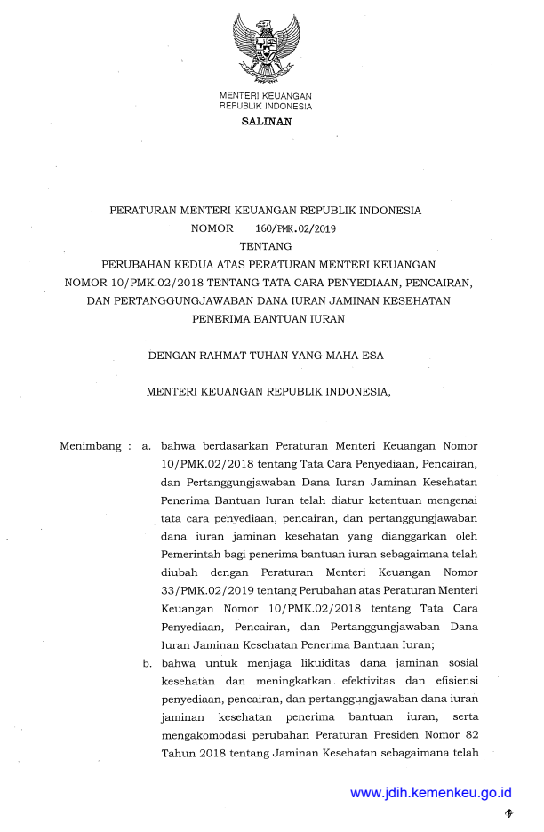 Peraturan Menteri Keuangan Nomor 160/PMK.02/2019