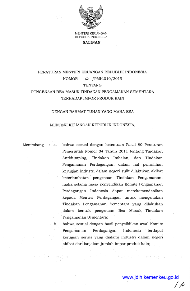 Peraturan Menteri Keuangan Nomor 162/PMK.010/2019