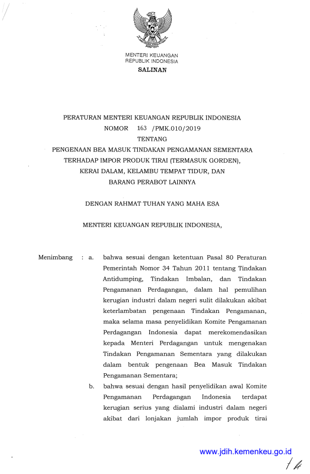 Peraturan Menteri Keuangan Nomor 163/PMK.010/2019