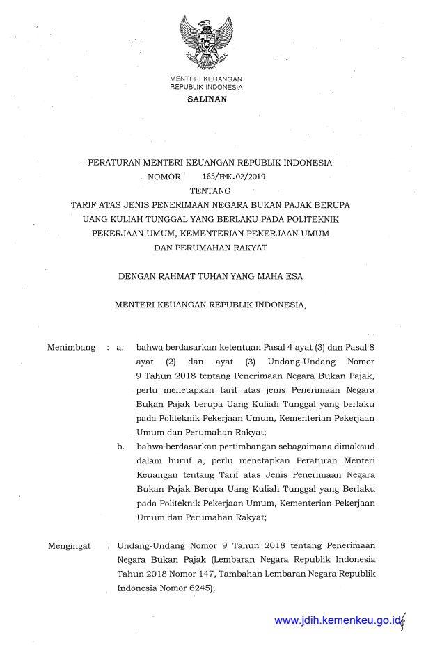 Peraturan Menteri Keuangan Nomor 165/PMK.02/2019