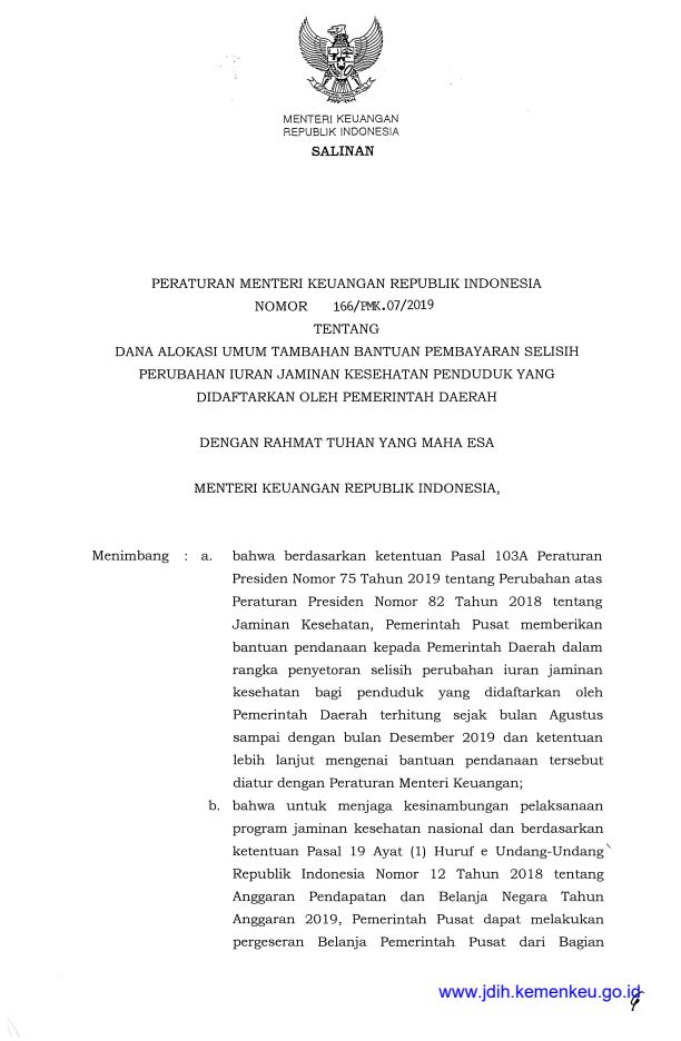 Peraturan Menteri Keuangan Nomor 166/PMK.07/2019