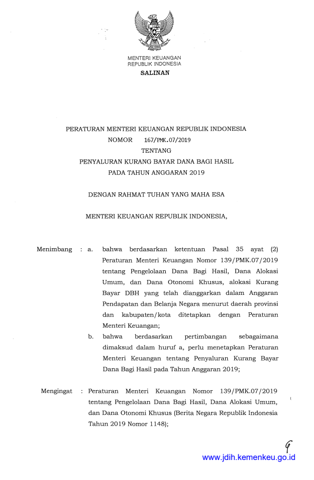 Peraturan Menteri Keuangan Nomor 167/PMK.07/2019