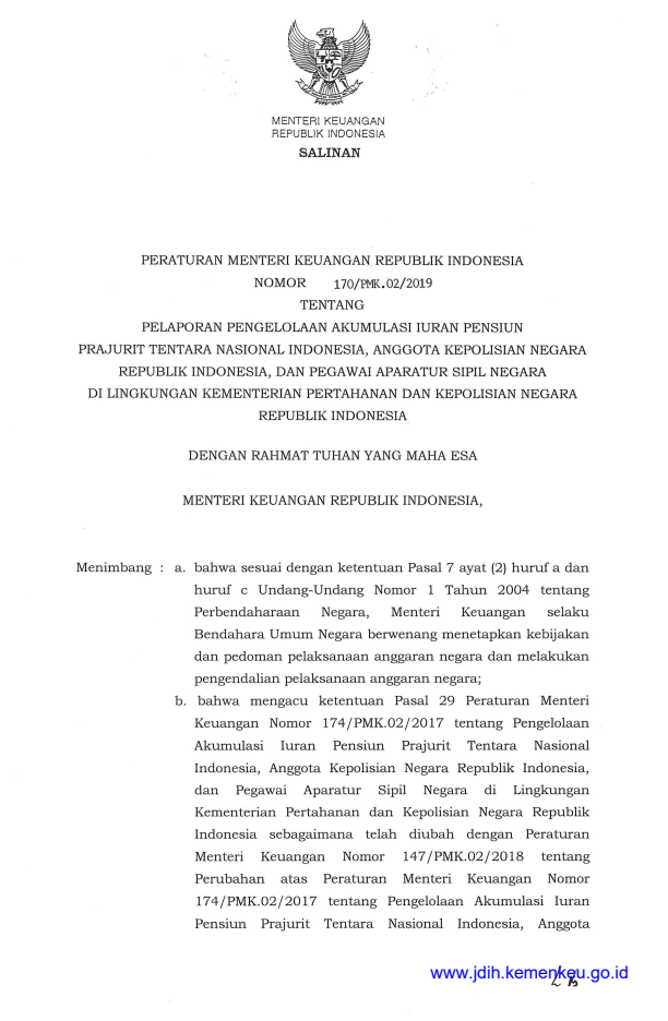 Peraturan Menteri Keuangan Nomor 170/PMK.02/2019