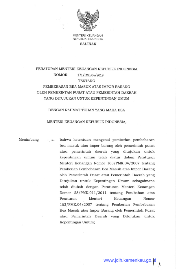 Peraturan Menteri Keuangan Nomor 171/PMK.04/2019