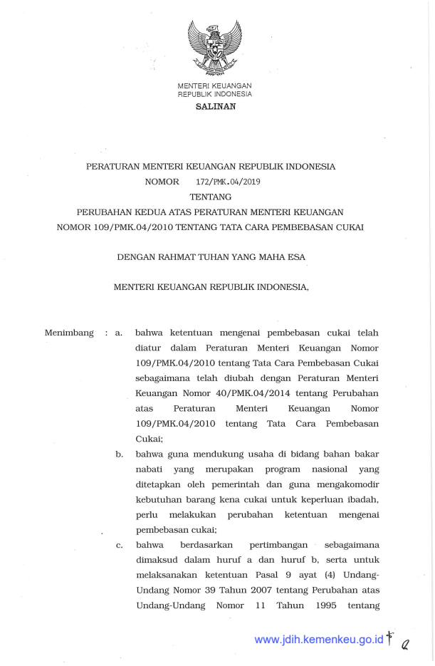 Peraturan Menteri Keuangan Nomor 172/PMK.04/2019